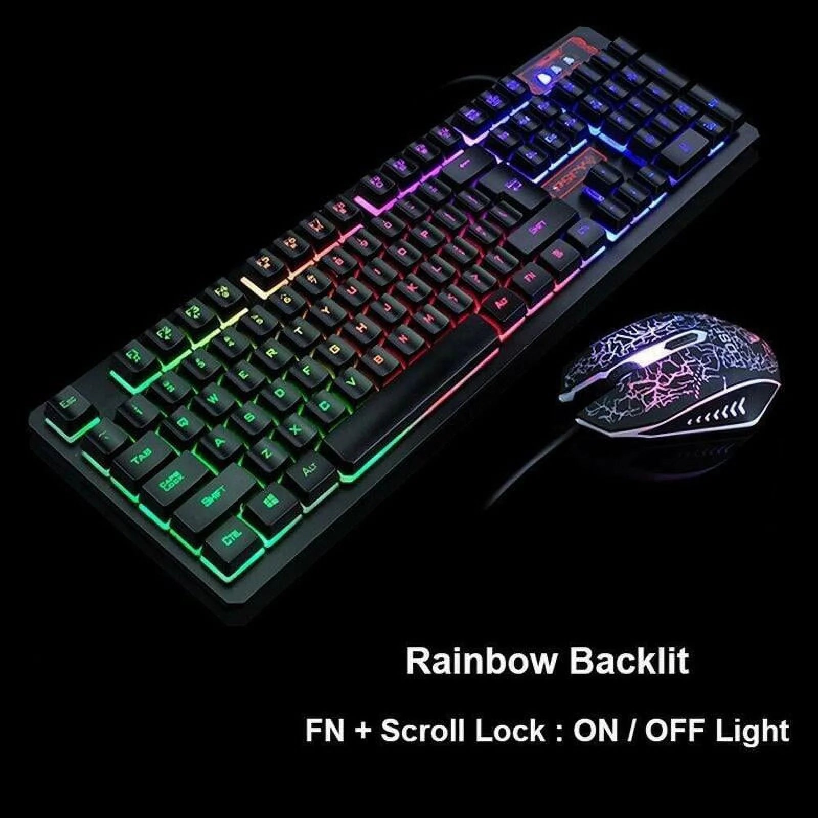 , Rainbow Gaming Keyboard and Mouse Combo Multi-Colored Changing Backlight